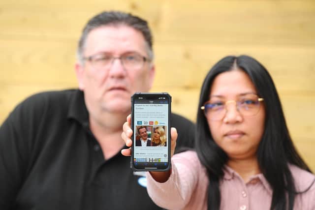 Tony Johnson (57) and his wife Eloisa (45) from Paulsgrove, Portsmouth, were scammed out of thousands of pounds by a fake ad. The Facebook advert said investors could double or triple their investments and used Martin Lewis as the head of it.
Picture: Sarah Standing (180523-4859)
