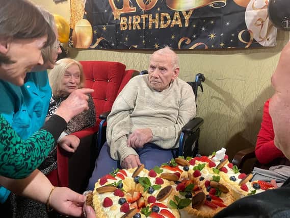 Harry Marsh celebrating his 100th birthday at Sherwood Grange care home in Kingston Vale.