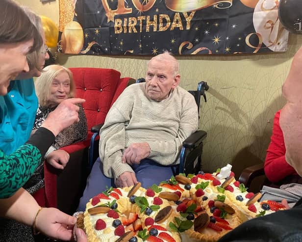 Harry Marsh celebrating his 100th birthday at Sherwood Grange care home in Kingston Vale.