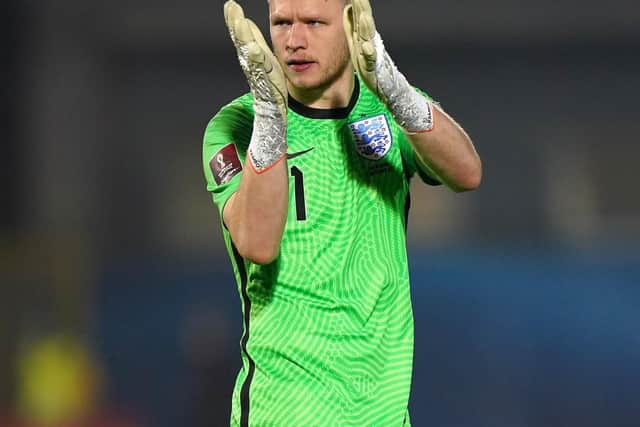 England goalkeeper Aaron Ramsdale celebrates after the final whistle of his debut against San Marino: Nick Potts/PA Wire