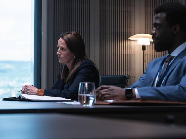 Medical investigators Callahan (Helen Behan) and Adjei (Jordan Kouame) probe a new case in ITV drama Malpractice (Picture: World Productions/ITV)