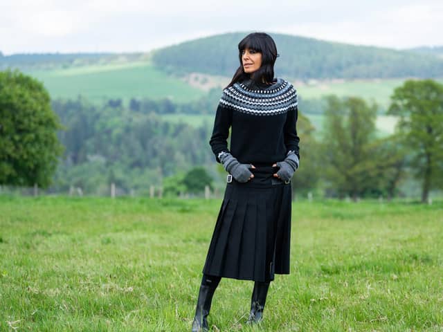 The Traitors III Claudia Winkleman rocks kilt @lekilt, knit @brorafashion and boots @newbottega - picture: BBC ,Studio Lambert, Euan Cherry