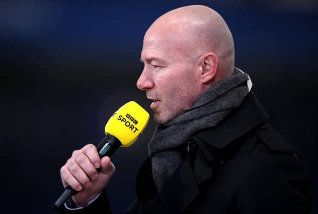 LEICESTER, ENGLAND - MARCH 21: BBC Presenter Alan Shearer during the Emirates FA Cup Quarter Final match between Leicester City and Manchester United at The King Power Stadium on March 21, 2021 in Leicester, England. Sporting stadiums around the UK remain under strict restrictions due to the Coronavirus Pandemic as Government social distancing laws prohibit fans inside venues resulting in games being played behind closed doors. (Photo by Alex Pantling/Getty Images)
