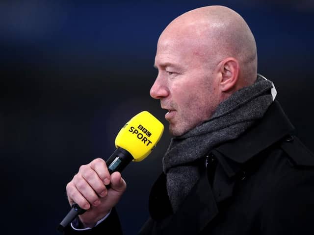 LEICESTER, ENGLAND - MARCH 21: BBC Presenter Alan Shearer during the Emirates FA Cup Quarter Final match between Leicester City and Manchester United at The King Power Stadium on March 21, 2021 in Leicester, England. Sporting stadiums around the UK remain under strict restrictions due to the Coronavirus Pandemic as Government social distancing laws prohibit fans inside venues resulting in games being played behind closed doors.  (Photo by Alex Pantling/Getty Images)