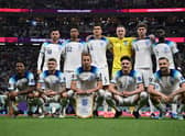 (From top L) England's midfielder #19 Mason Mount, England's midfielder #22 Jude Bellingham, England's defender #06 Harry Maguire, England's goalkeeper #01 Jordan Pickford, England's defender #05 John Stones and England's forward #17 Bukayo Saka, (bottom fromL) England's forward #10 Raheem Sterling, England's defender #12 Kieran Trippier, England's forward #09 Harry Kane, England's midfielder #04 Declan Rice and England's defender #03 Luke Shaw pose  ahead of the Qatar 2022 World Cup Group B football match between England and USA at the Al-Bayt Stadium in Al Khor: Paul ELLIS / AFP) (Photo by PAUL ELLIS/AFP via Getty Images