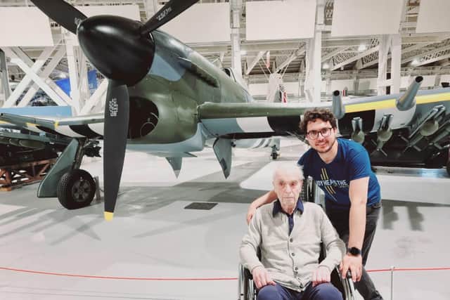 Michael  and Walfinch carer Saqib at London's RAF Museum