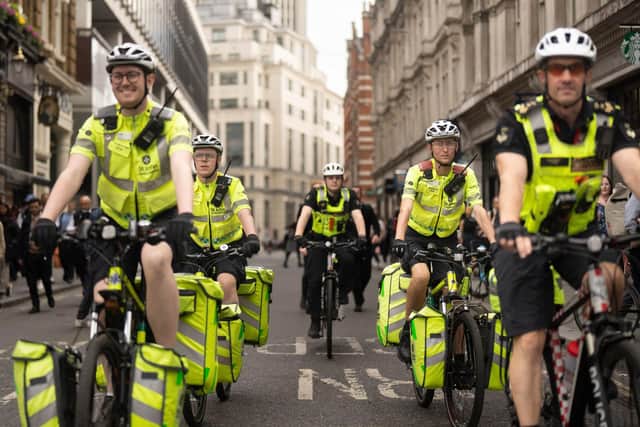 Cycle responders patrol Regent Street, London, providing medical support during a public event