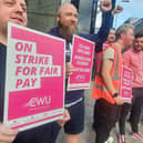 John Devlin 29/07/2022. GLASGOW. BT workers on the picket line in Glasgow. CWU members in Northern Ireland and across the UK, including 999 call handlers, are to take part in further strike action tomorrow