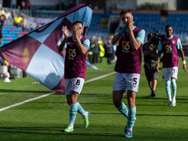 Josh Brownhill and Maxime Esteve thank the fans at full time. Photo: Kelvin Lister-Stuttard