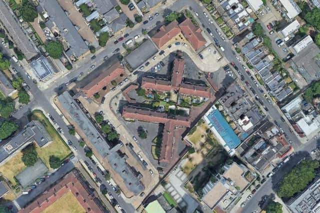 Aerial image of Geoffrey Close in Lambeth, where Riverside and Bellway London are working together.