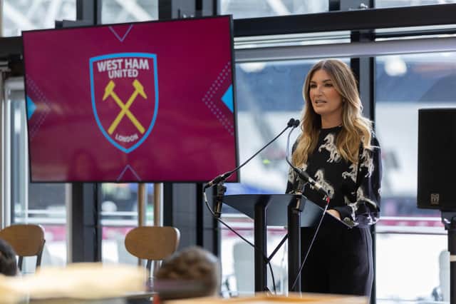 Baroness Karren Brady CBE speaking at the announcement of the brand new West Ham Community Hub last year – the Hub has had over £4m investment and will be able to deliver more community inclusion programmes across East London and Essex