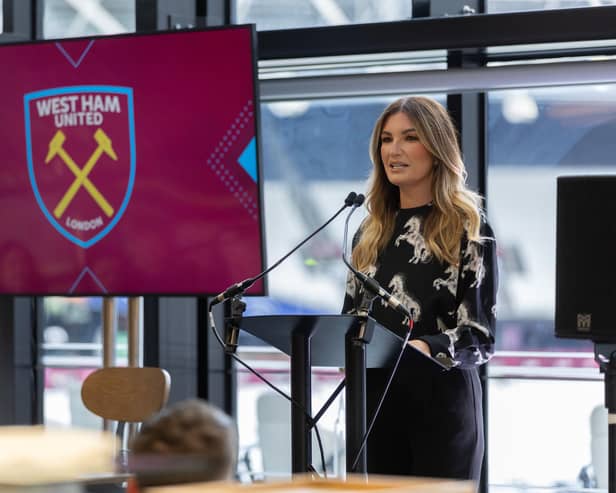 Baroness Karren Brady CBE speaking at the announcement of the brand new West Ham Community Hub last year – the Hub has had over £4m investment and will be able to deliver more community inclusion programmes across East London and Essex
