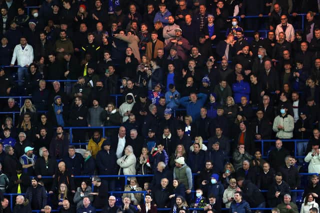 Chelsea fans use the safe standing area during the Premier League match against Liverpool.