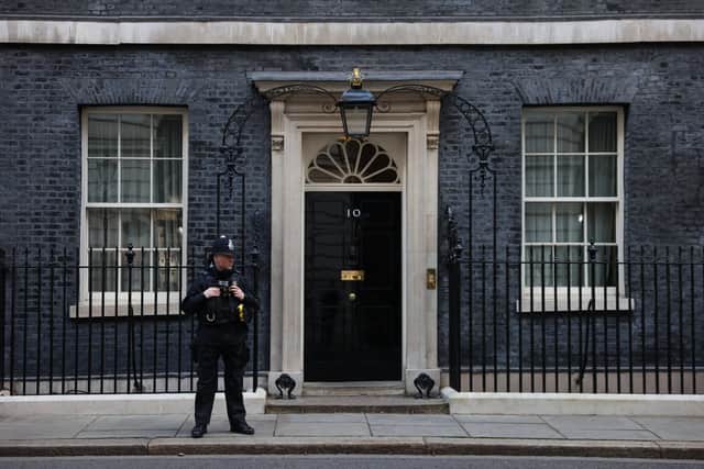 A police officer stands at 10 Downing Street on January 29, 2022 in London, England.